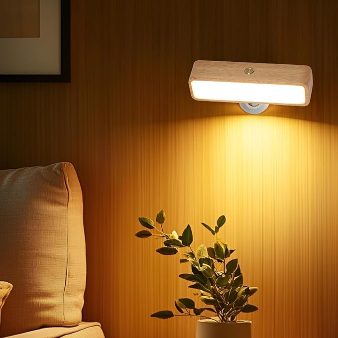Wood Wall Sconces Battery Operated, Rechargeable Wall Lights Battery Operated, Stick On Wall Mounted lamp Bedside Reading for Bedroom, Stepless Dimmable Wall Lamps for Living Room