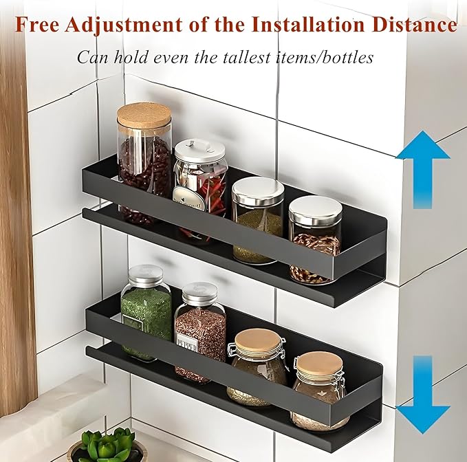 Floating Shelves Wall Mounted, Rustproof Stainless Steel Bathroom Shelf, Black Nail-Free Kitchen Spice Rack, Adhesive Storage Organizer for Shower & Home Decor