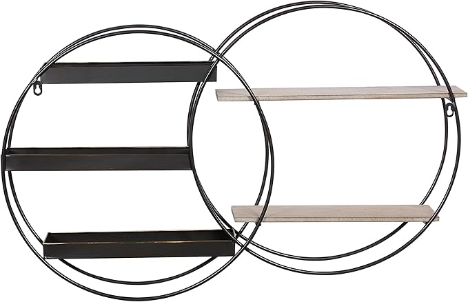 Deco 79 Metal Geometric Wall Shelf Overlapping Circle 5 Level with Wood Accents, 34" x 7" x 20", Black
