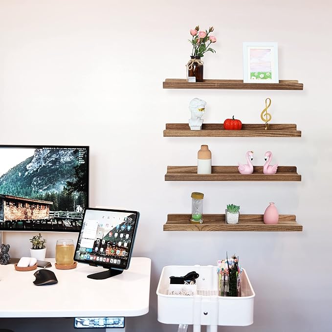 Long Floating Shelves With Lip,Picture Ledge Shelves Set of 4,Rustic Photo Frames Storage Display Shelves Wall Mounted for Living Room Bedroom Kitchen Kids Nursery,Home Office Decor 24 Inch