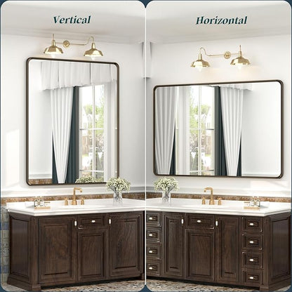OKPAL 28x32 Bronze Bathroom Mirror Over Sink, Brushed Bronze Vanity Mirror, Rounded Bronze Rectangle Mirror for Farmhouse, Anti-Rust, Wall Mounted (Horizontal/Vertical)