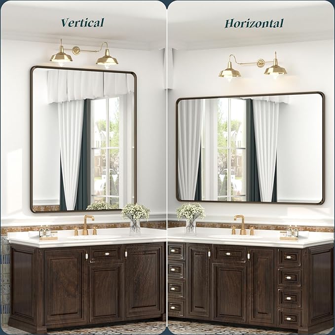 OKPAL 60X28 Bronze Bathroom Mirror, Brushed Bronze Metal Bathroom Vanity Mirror, Rectangle Framed Mirror, Rounded Corner, Shatterproof, Anti-Rust (Horizontal/Vertical)