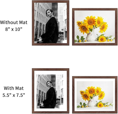 puthiac 8x10 Solid Oak Wood Picture Frame, Fits 6x8 with Mat or 8x10 Without Mat, Wall or Tabletop Display with Stand, Vertical or Horizontal, Plexi Front, 3 Pack, Walnut
