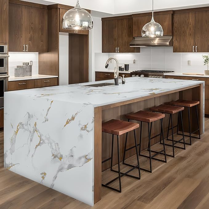 practicalWs Glossy Marble Wallpaper Peel and Stick White/Gold Granite Contact Paper Removable Wall Paper for Kitchen Countertop Cabinet Furniture 23.6