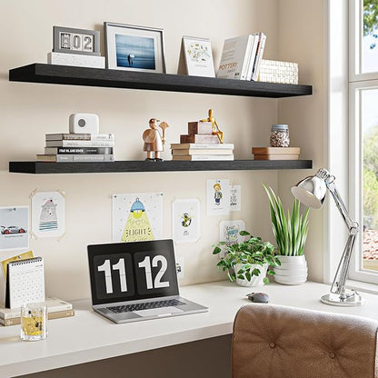 Fixwal Floating Shelves for Wall, 47" Long Heavy Duty Wall Mounted Rustic Wood Shelves for Living Room, Bedroom, Bathroom and Kitchen, Wall Shelves for Storage, Books, Room Decor (Black, Set of 2)