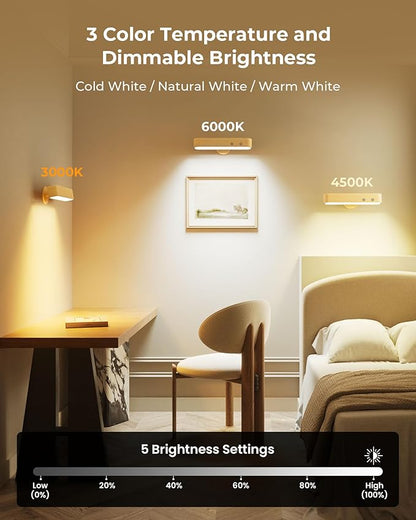 7500 mAh Rechargeable Wood Wall Sconce for Bedroom, LED Wall Light with Remote Control and Touch, 360° Magnetic Rotation, 3 Colours, Dimmable Wooden LED Wall Lamp with 15 RGB Colors,1 Pack