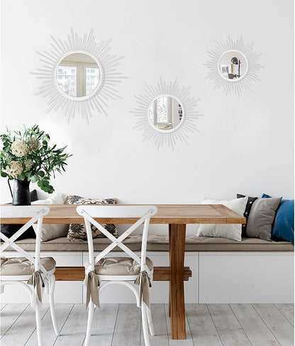 Sunburst Wall Mirror Spoked Home Circle Wall Art Mirror Classic Metal Modern Hanging Mirror, Decor Living Room Bathroom Bedroom Entryway Vanity Office Hallway Housewarming Large 16" White