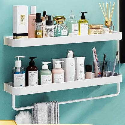 Bathroom Shelves, 15.7in Tempered Glass Shelf with Towel Bar Wall Mounted, 2 Tier Wall Shelves for Bathroom Organizers and Storage, White