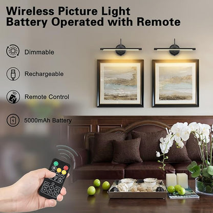 JOOSENLUX Modern Wall Lights Battery Operated Black Wireless Picture Lights for Wall 16.5" Inch Dimmable Under Counter Lights for Kitchen with Swing Arm as Canvas Wall Sconce Light 3000K CRI95+