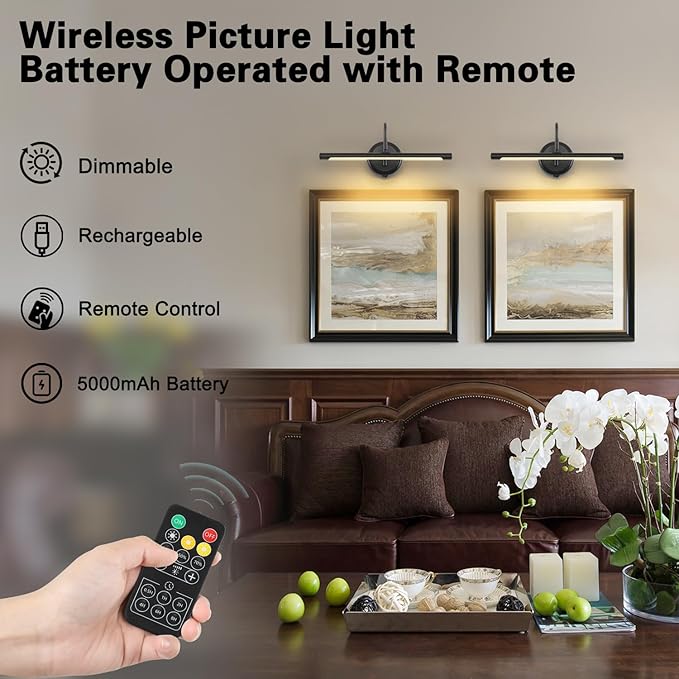 JOOSENLUX Modern Wall Lights Battery Operated Black Wireless Picture Lights for Wall 16.5