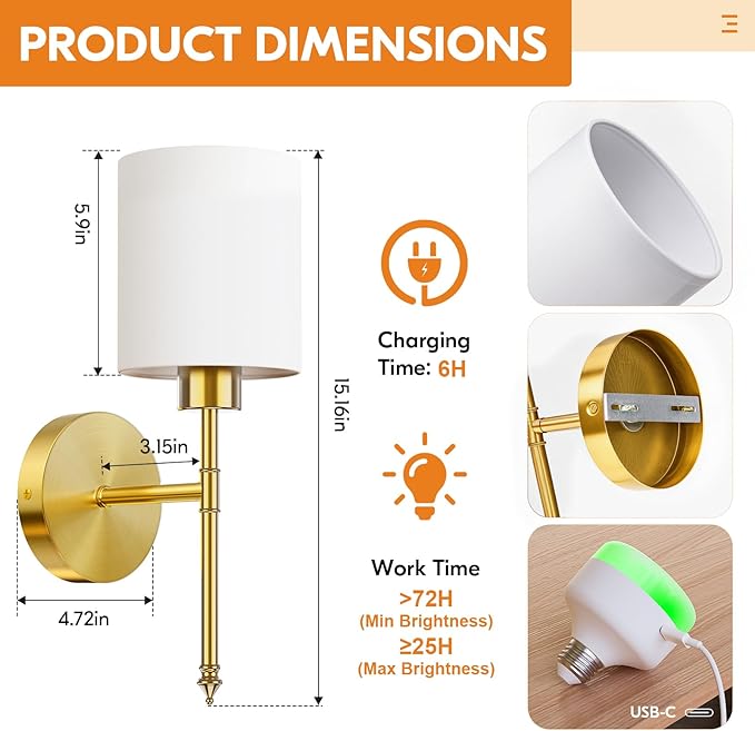 NIORSUN 15 inch Battery Operated Wall Sconce Set of 2, Gold Wireless Rechargeable Wall Lights with 5200mAh Dimmable Detachable Bulbs and Remote, 9 Colors Sconces Wall Decor for Bedroom Living Room