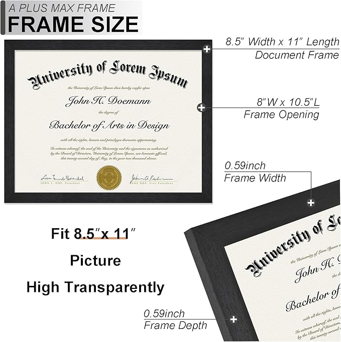 A PLUS MAX Black 8.5 x 11 Frame, Engineered Wood Frame with Wood-grain for Display 8.5 by 11 Document Award Certificate Wall and Tabletop - 1 Pack/Black/8.5x11