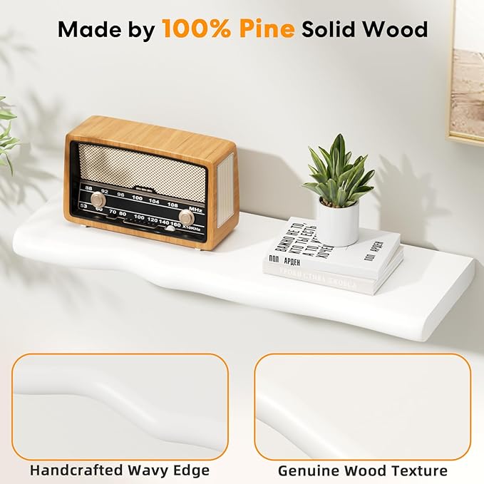 Floating Shelves for Wall Rustic Farmhouse 24 Inch Floating Shelf Bathroom Wooden Shelves for Wall Mounted Live Edge Pine Shelf with Unique Natural Grain for Living Room Bedroom Kitchen (White)