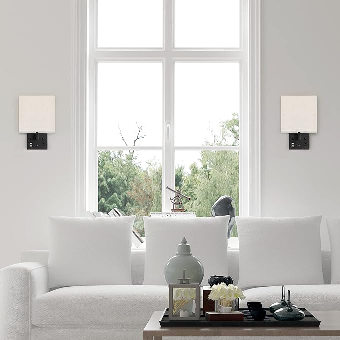 Black Wall Sconces Set of 2, Bedside Wall Lights for Bedroom, Plug in Wall Sconce with USB Ports and Outlets, Modern Wall Lamp for Mirror Kitchen Living Room Hallway, E26 Base (LED Bulbs Included)