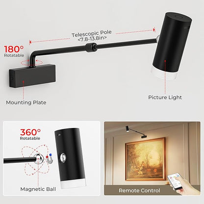PESUTEN Battery Operated Picture Light, Adjustable Length Wireless Art Light for Paintings CCT Dimmable Rechargeable Picture Light with Remote Control for Gallery Reading Dartboard Bathroom 2PCS
