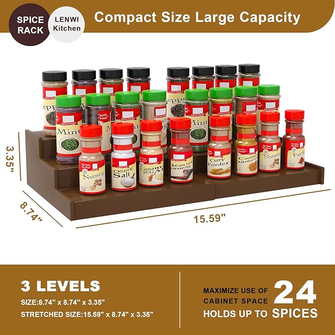 Spice Rack Organizer for Cabinet 2 Pack, 3 Tier Expandable Bamboo Spice Storage for Kitchen Cupboard Pantry, Brown