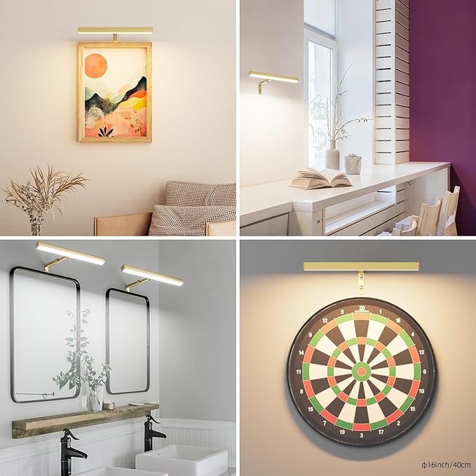 4W Plug in Picture Light for Paintings with Remote Control, 12" LED Art Display Lighting for Gallery, Dartboard, Artwork, Gold Wall Mounted Picture Frame Light