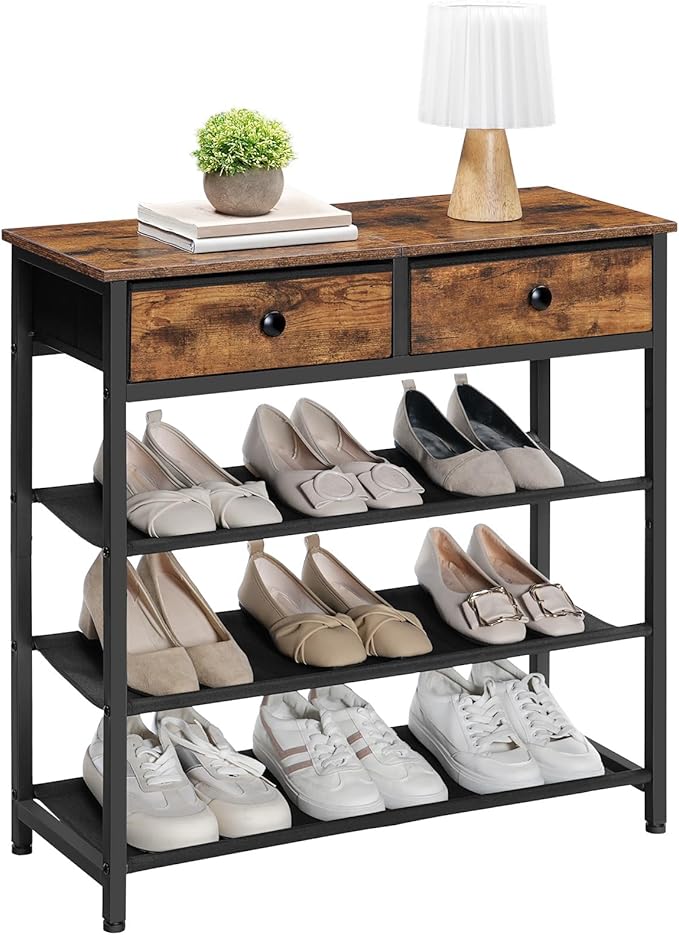 HOOBRO Shoe Rack, 4 Tier Shoe Storage Organizer with 2 Non-Woven Drawers, 9-12 Pairs of Shoes for Entryway, Shoe Shelf with 3 Oxford Fabric Shelves and Wooden Top, Closet, Rustic Brown BF77XJ01