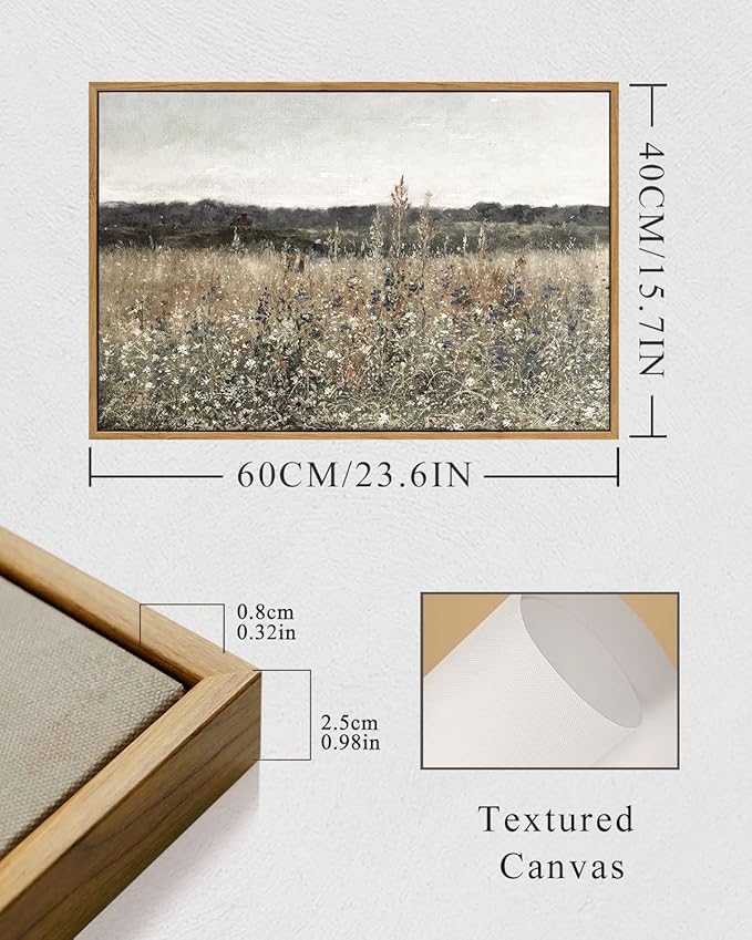 InSimSea Framed Canvas Wall Art Vintage Decor, Wildflower Field Vintage Wall Art Canvas Prints, Modern Farmhouse Bathroom Home Wall Decor, 16