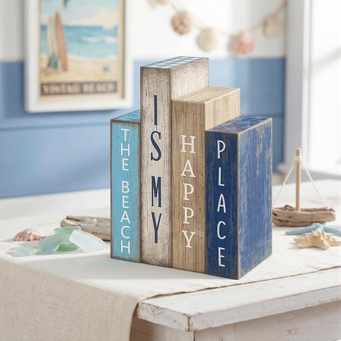 4 Pcs Summer Table Decoration Wooden Book Coastal Beach Decoration Blue and White Summer Tiered Tray Decor Wood Book Signs Farmhouse for Ocean Party Home Shelf Coffee Table