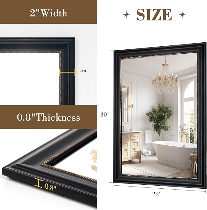 Axeman 22x30 Rectangular Wall Mirror, Decorative Bathroom Mirror, Traditional Vintage Wall Mounted Mirror with Beaded Frame for Accent Living Room Vanity Bedroom Entryway, Black