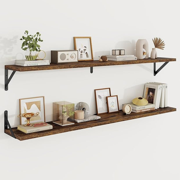 Floating Shelves, 8 Inch Deep Rustic Wood Wall Storage, 48W x 8D Wall Shelves Set of 2, Heavy Duty Metal Brackets, Industrial Book Shelf for Living Room, Kitchen, Bathroom, Bedroom, Brown