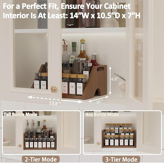 Bamboo Spice Rack Organizer -3-Tier Spice Rack for Countertop,Cabinet Spice Rack Organizer for 18 Spice Jars(4oz)，Step Shelf(Walnut)