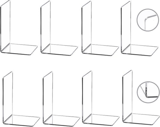 CY craft 8 Pieces/4 Pairs Bookends,Clear Acrylic Bookends for Shelves,Heavy Duty Book Ends and Desktop Organizer,Book Stopper for Books/Movies/CDs,7.3x4.8x4.8 inch