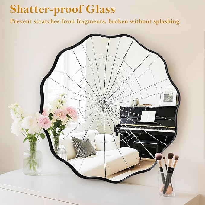 Fabuady Black Round Wavy Edge Mirror - 24'' Circle Wall Mirror with Metal Frame, Decorative Hanging/Leaning Mirrors for Bathroom, Bedroom, Living Room, Hallway, Entryway, Office, Home Decor