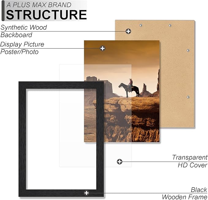 A PLUS MAX 8.5x11 Picture Frame Set of 2, Black Engineered Wood Frame for 8.5 x 11 Inch Picture Poster Photo, Light Weight 8.5 by 11 Frame with Wood-grain for Wall - 2 Pack/Black/8.5