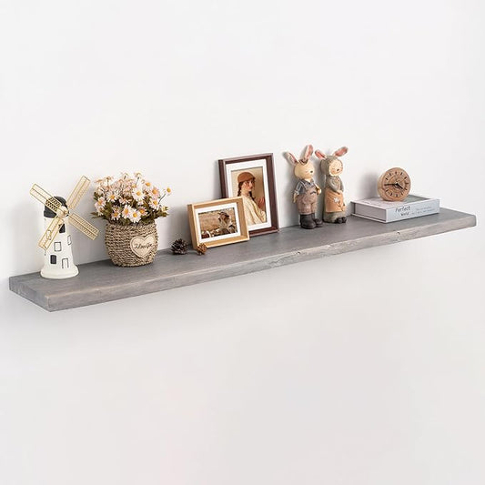 Long Live Edge Floating Shelf, 55 Inch Solid Elm Wood - Weathered Gray Rustic Wood Wall Shelf with Invisible Brackets for Living Room, Kitchen, Bathroom