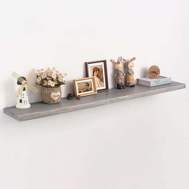 Long Live Edge Floating Shelf, 55 Inch Solid Elm Wood - Weathered Gray Rustic Wood Wall Shelf with Invisible Brackets for Living Room, Kitchen, Bathroom