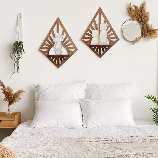 Menkxi 2 Pcs Boho Wall Shelf Mid Century Modern Shelf Wooden Rainbow Floating Shelves Brown Decorative Plant Wall Shelves Natural Vintage Hanging Holder for Nursery Living Room Decor(Diamond)