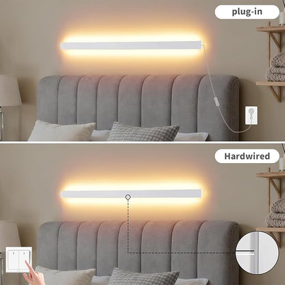 Modern Plug in Long Wall Sconce, 39.3" White Matte LED Wall Lights, 20W Warm White 3000K Acrylic Indoor Wall lamp, with 59" Plug Cable for Bedroom, Living Room, Hallway