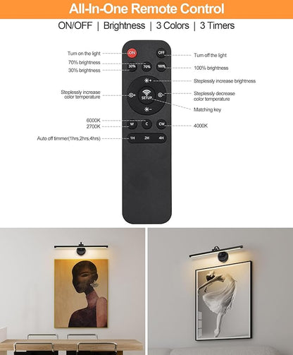 LED Picture Light,Cord-free Picture Frame Light for Wall, 5000mAh Rechargeable Art Lights, Cordless Battery Wall Sconce for Paintings ,Art work,Portraits, Dartboards, Bookshelf(Black, 23.6inch)