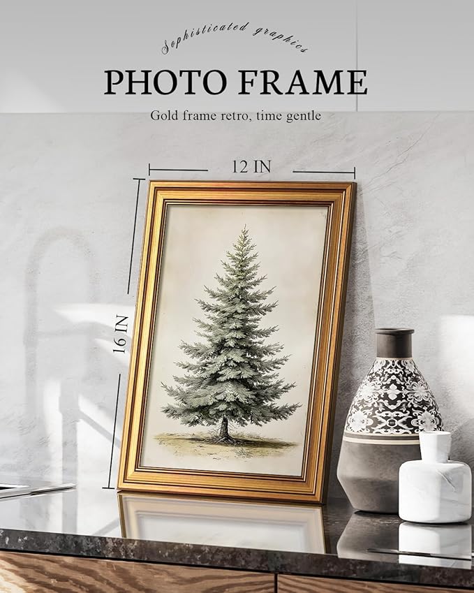 VIYYIEA Gold Framed Canvas Art, Vintage Christmas Tree Decor, 12x16Inch, Winter Retro Pine Picture Painting Gifts, xmas Decorations for Bedroom Living Room Shelf Fireplace
