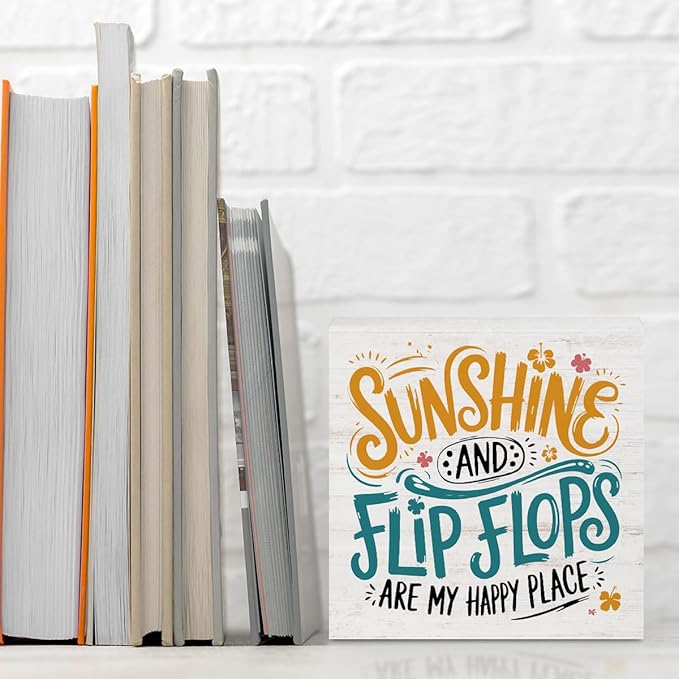 Sunshine Gifts for Women Men, Summer Themed Wood Box Sign Desk Decor, Sunshine and Flip Flop Beach Decorative Signs for Home Office Living Room Table Shelf Cubicle