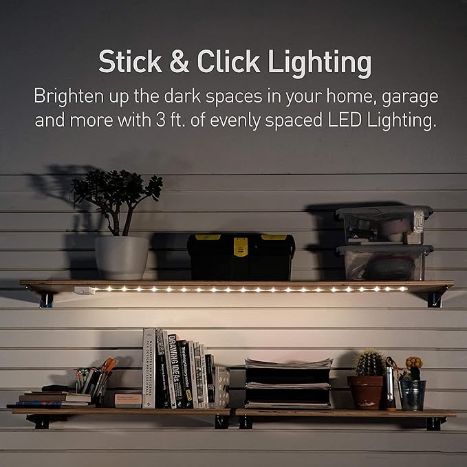 POWER PRACTICAL Luminoodle Under Cabinet Lighting - Click LED Light Strip for Shelves, Kitchen Cabinets, & Furniture, 1-Pack Includes Power Button & Tape Adhesive - Daylight White (5000K)