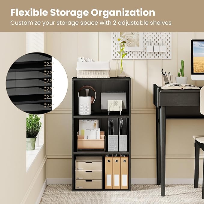 Giantex 3 Tier Bookshelf, Black Bookcase 3 Shelf, Open Cube Storage Orginazer Cabinet, Multi-Functional Home Office Bedroom Furniture Display Book Shelf