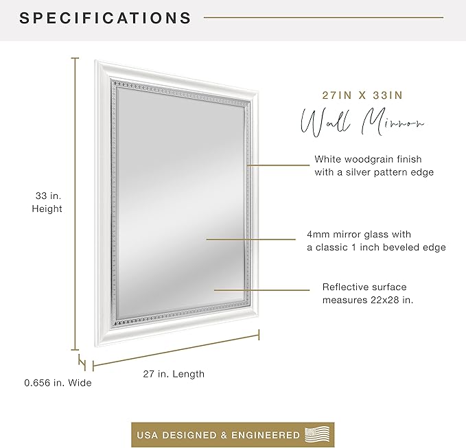 MCS 22x28 Large Wall Mirror, White Woodgrained Frame with Silver Embossed Detail & Beveled Detail Mirror, Vertical & Horizontal Wall Hanging Mirror for Bathroom, Bedroom & Livingroom