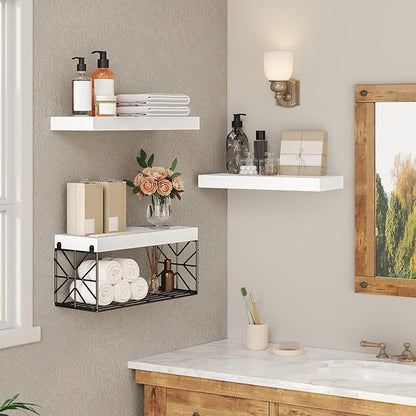 Bathroom Shelves Over Toilet Set of 3, Floating Shelves for Wall Toilet Paper Storage, 1.5" Thick Hanging Shelf, Farmhouse Wall Decor for Bathroom Living Room, Kitchen, White 4001BJWT