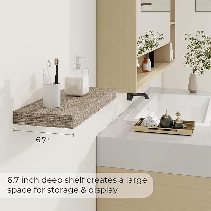 Dreamland 20 Inches Floating Shelves for Wall,6.7 Inch Deep Floating Shelves Set of 2, Large Display & Storage Shelf, Wall Shelf for Bathroom Bedroom Living Room Kitchen Office,Grey