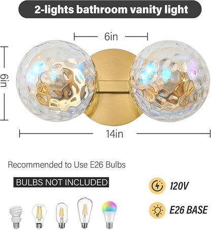 Gold Bathroom Vanity Light Fixtures: Modern Wall Scones With 2 Hammered Stained Glass Shades - Globe Makeup Lighting Fixture over Mirror - Brass Ball Powder Room Vanities Lights for Hallway Bedroom
