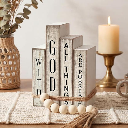4 Pcs Christian Table Decor Wooden Book Stack Decor with God All Things are Possible Farmhouse Centerpiece with Beaded Garland Tassel Christian Home Decorations for Office, Shelf, Gift
