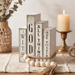 4 Pcs Christian Table Decor Wooden Book Stack Decor with God All Things are Possible Farmhouse Centerpiece with Beaded Garland Tassel Christian Home Decorations for Office, Shelf, Gift