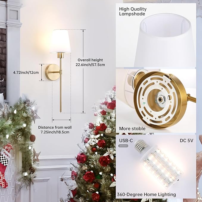 Fabric Wall Sconce Battery Operated Set of 2, Rechargeable Wall Lights with 5000mAh RGB Dimmable Bulb, 12 Colors Wall Sconces for Bedroom Living Room, Gold