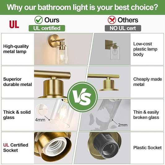 Set of 2 Wall Sconces for Bathroom, Brushed Gold Modern Vanity Lights with Clear Glass Shade,Bathroom Wall Lamp for Mirror Kitchen Living Room Hallway Cabinet Porch