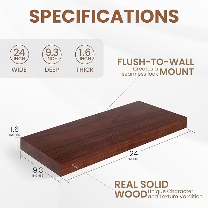 Floating Shelves, 9.3 Inch Deep Floating Shelves for Wall, Solid Wood Shelves 24 Inch Long, Deep Wall Shelves for Living Room, Bathroom, Kitchen, 24