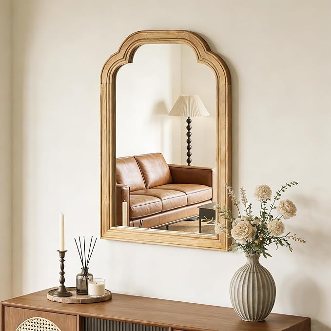 Wood Framed Bathroom Mirror for Wall, 16 x 24 Inch Rustic Wood Frame Wall Mirrors Decorative for Living Room, Vanity, Bedroom, Entryway and Farmhouse, Tempered Glass, Shatterproof