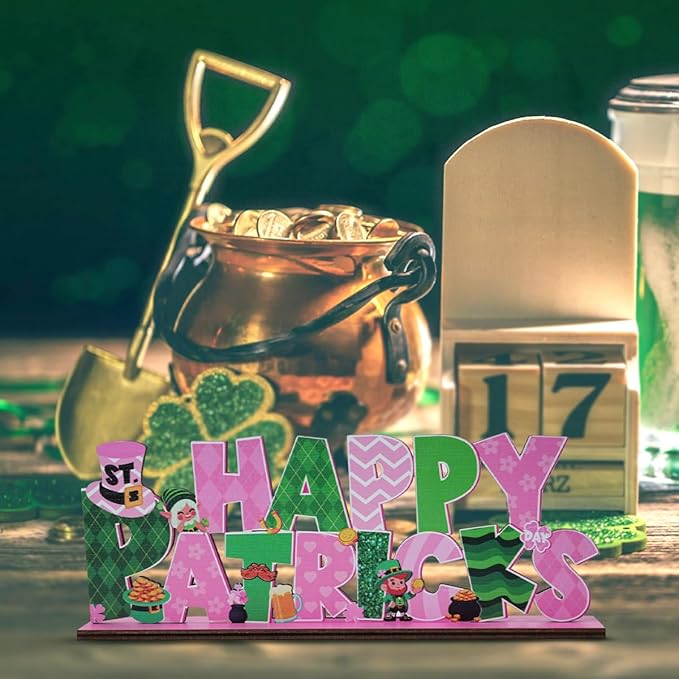 St Patricks Day Decor for Table Happy St Patrick's Day Decoration Wooden Centerpieces Rustic Farmhouse Sign for Tabletop Home Shelf Office St Patricks Day Party Decoration Pink